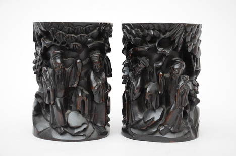 Pair of Chinese brush pots in hardwood (14x20cm): Pair of Chinese brush pots in hardwood (14x20cm)