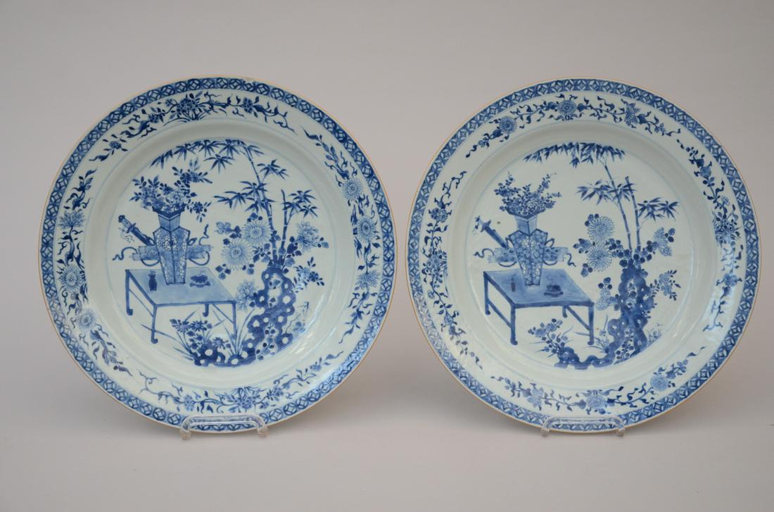 A pair of large Chinese dishes in blue and white (1 of 2)