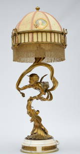 A gilt bronze lamp on marble foot 'amor' (93cm): A gilt bronze lamp on marble foot 'amor' (93cm)