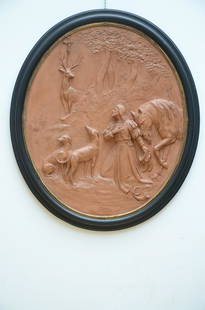 Large oval bas-relief in plaster 'Sint-Hubertus': Large oval bas-relief in plaster 'Sint-Hubertus' (97x80cm) (*)