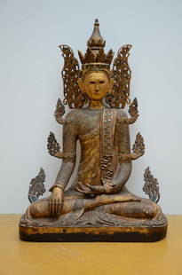 A large Burmese Buddha in wood with inlaywork 20th: A large Burmese Buddha in wood with inlaywork 20th century (h136cm)