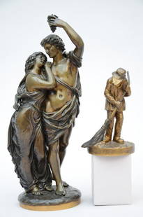 Lot: two bronze statues 'loving couple' and 'street: Lot: two bronze statues 'loving couple' and 'street sweeper' (h16-38cm)