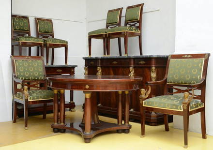 A fine mahogany and gilt bronze dining set, Empire style: A fine mahogany and gilt bronze dining set, Empire style