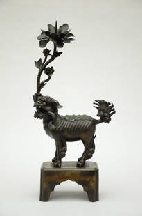 Chinese bronze candle holder 'qilin with lotus flower' (57x27x14cm) (*): Chinese bronze candle holder 'qilin with lotus flower' (57x27x14cm) (*)