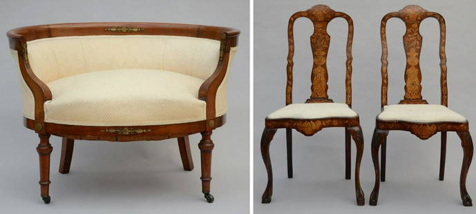 2 Dutch chairs with marquetry (111x51x41cm) Empire style seat (65x90x64cm): 2 Dutch chairs with marquetry (111x51x41cm) Empire style seat (65x90x64cm)