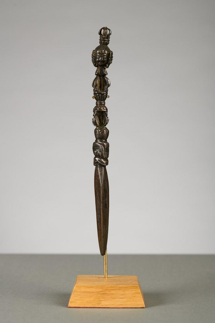 Tibetan iron 'Phurbu' dagger with traces of gilding, 15th century (h21.5cm) (1 of 5)