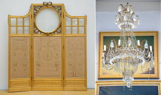 A gilt Louis XVI style paravent (164x142cm) and a crystal pearl chandelier (h115 dia69cm): A gilt Louis XVI style paravent (164x142cm) and a crystal pearl chandelier (h115 dia69cm)