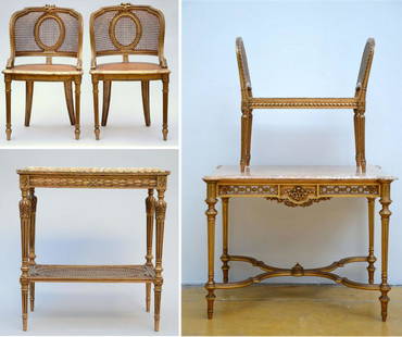 Lot: gilt Louis XVI style furniture: two tables a pair of armchairs and a bench: Lot: gilt Louis XVI style furniture: two tables a pair of armchairs and a bench