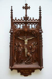 A large Gothic Revival relief in oak state 12 Christ dies on the Cross (117x55cm): A large Gothic Revival relief in oak state 12 Christ dies on the Cross (117x55cm)