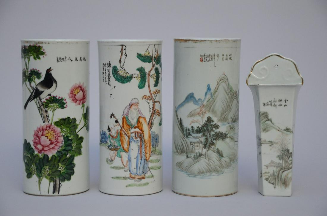 Chinese porcelain Republic period: 3 Chinese cylindrical vases (h28.5cm) + 1 wall vase in porcelain (1 of 5)