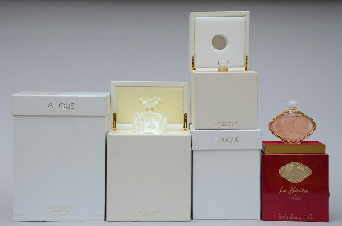 3 Lalique perfume bottles Limited Edition: 'Paon 2014, 100ml' 'Plume 2015, 100ml' Le Baiser 1998, (1 of 3)