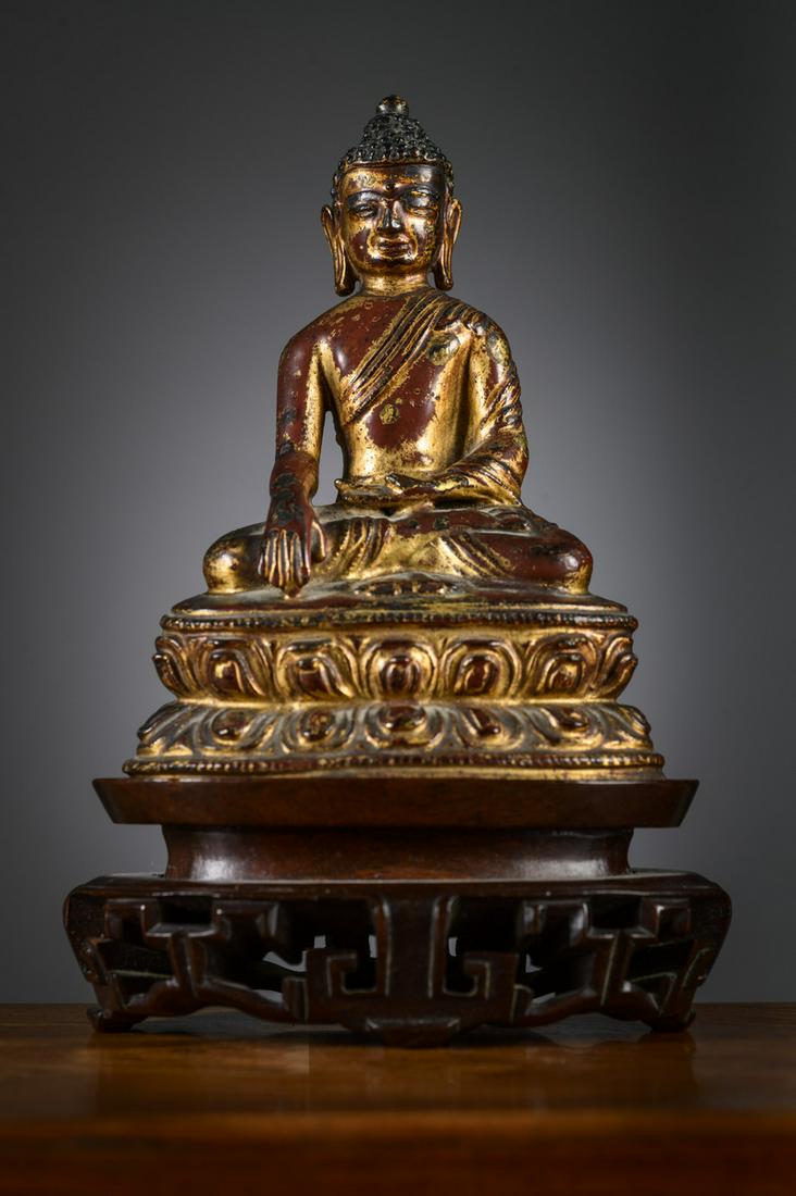 Lacquered bronze Buddha statue, Tibet ca 1500 (h 14.5 cm) (1 of 5)