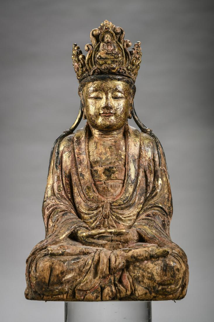 Chinese polychrome wooden statue 'Guanyin', Ming Dynasty  (h 33 cm) (1 of 5)