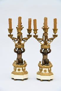 A pair of Napoleon III candlesticks in bronze and marble (h53cm): A pair of Napoleon III candlesticks in bronze and marble (h53cm)