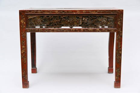 Chinese table in red lacquer with openwork panels, Qing dynasty (75x95x52cm) (*): Chinese table in red lacquer with openwork panels, Qing dynasty (75x95x52cm) (*)