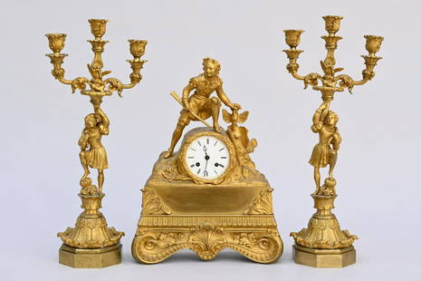 Three piece clockset in gilt bronze 'hunter' (clock 40x29x10cm) (candlesticks h48cm): Three piece clockset in gilt bronze 'hunter' (clock 40x29x10cm) (candlesticks h48cm)