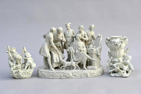 Collection of p‚te tendre: a large 19th century sculpture and two smaller 18th century pieces: Collection of p‚te tendre: a large 19th century sculpture and two smaller 18th century pieces (25x37x21cm) (h19cm) (h21cm) (*)