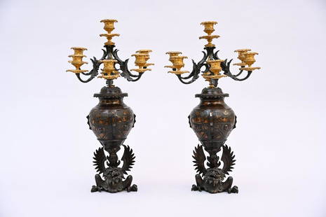 A pair of Japanese bronze vases mounted as candlesticks, 19th century (h 55cm): A pair of Japanese bronze vases mounted as candlesticks, 19th century (h 55cm)