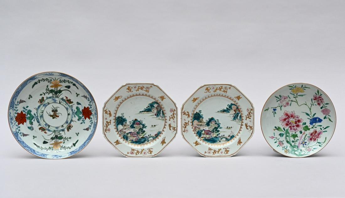 Collection: a pair of famille rose plates 'landscapes', doucai compotier, famille rose compotier (1 of 6)