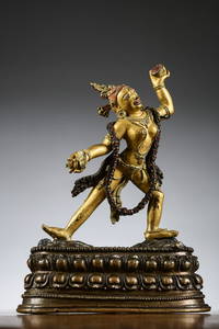 Tibetan statue in bronze 'Dakini' with polychromy, 17th century (h 16 cm)