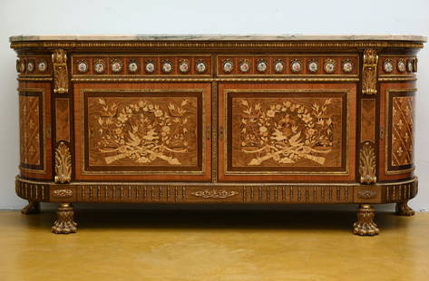 Large sideboard with porcelain plaques and marble top, 20th century (h95x213x60cm): Large sideboard with porcelain plaques and marble top, 20th century (h95x213x60cm)