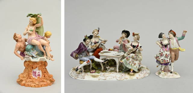 A collection of porcelain sculptures: base (h36cm), dancers (h19cm) and musicians (19.5x32x18cm): A collection of porcelain sculptures: base (h36cm), dancers (h19cm) and musicians (19.5x32x18cm)