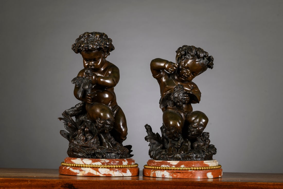 A pair of bronze statues on marble base 'Satyrs', 19th century (bronze h27cm) (1 of 4)