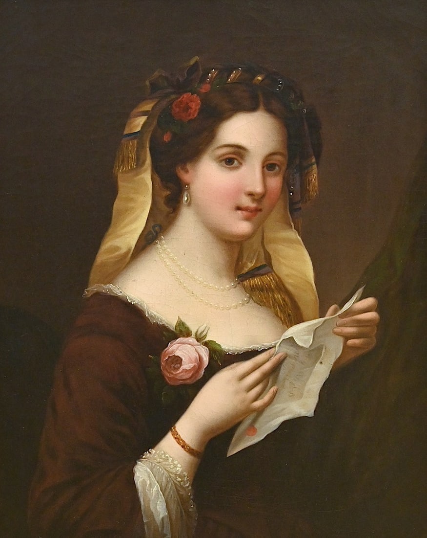 Anonymous (19th century): painting (o/c) 'girl with love letter' (48x38cm) (1 of 4)