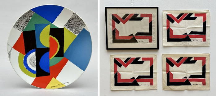 Sonia Delaunay (after): dish 'Circular rhythms' and 4 prints on textile 'claridge' (ed. Artcurial): Sonia Delaunay (after): dish 'Circular rhythms' and 4 prints on textile 'claridge' (ed. Artcurial)