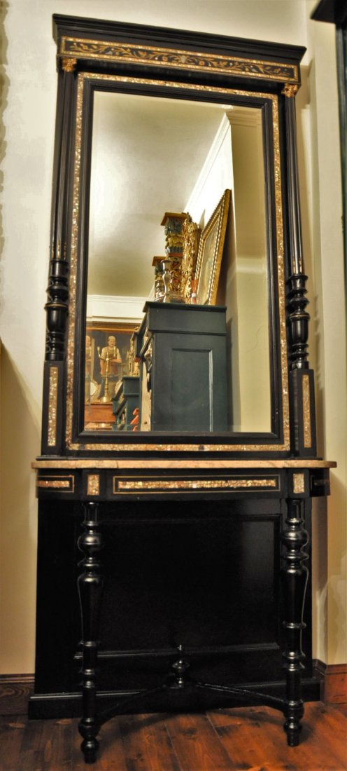 Hand carved black painted wooden table and mirror: Hand carved black painted wooden table and mirror decorated with inlayed mother of pearl.