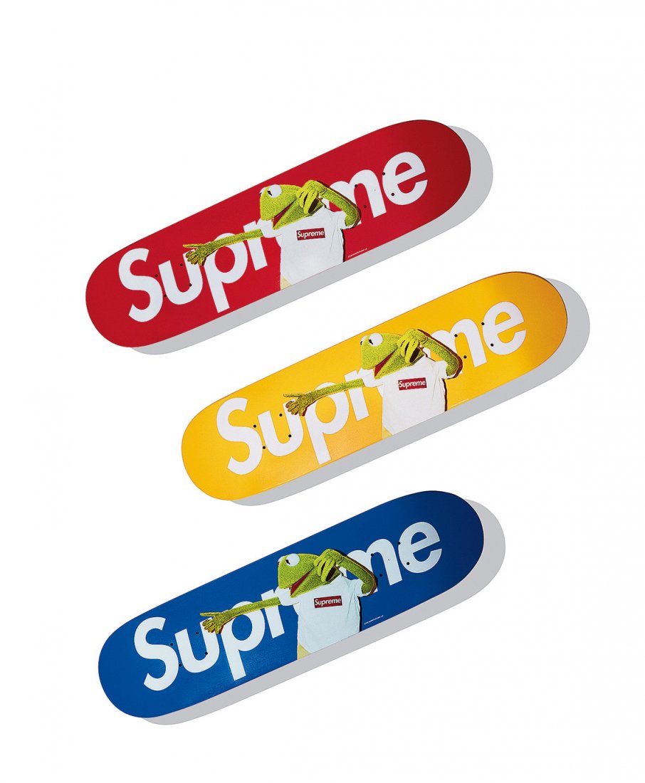 SUPREME A Set of Three Kermit The Frog Skateboard Decks: SUPREME 2008 A SET OF THREE KERMIT THE FROG SKATEBOARD DECKS (RED, BLUE, YELLOW) 81.3 x 20.3 cm. (32 x 8 inches)(each), Condition Report Grade 1.5