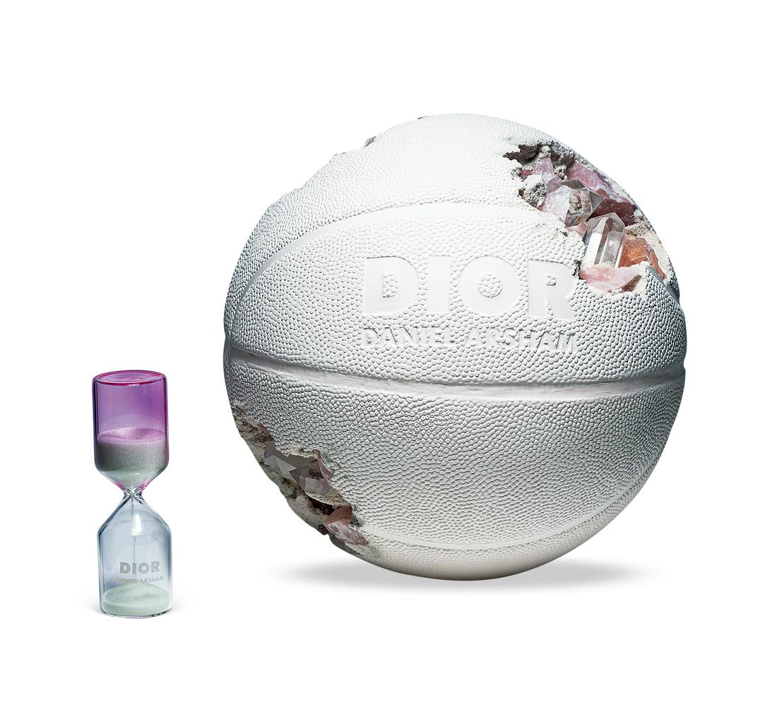 DANIEL ARSHAM X DIOR Future Relic Eroded Basketball,: DANIEL ARSHAM (AMERICAN, B. 1980) X DIOR Future Relic Eroded Basketball, 2020 Hydrostone and quartz crystals sculpture, with original crate, certificate of authenticity, hourglass, art-handling gloves