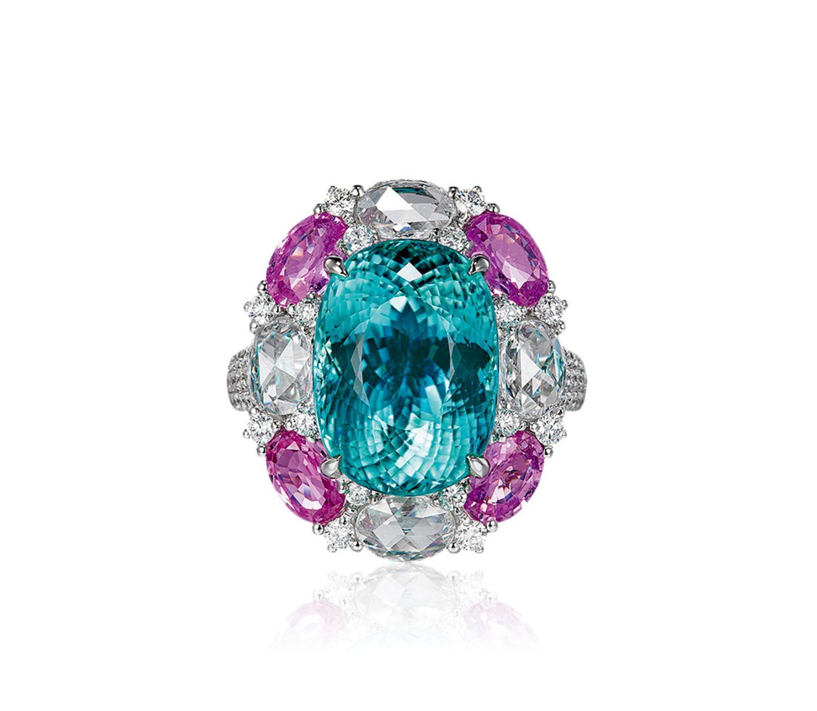 A 11.61 CARAT MOZAMBIQUE PARAIBA, DIAMOND AND PINK SAPPHIRE RING (1 of 1)