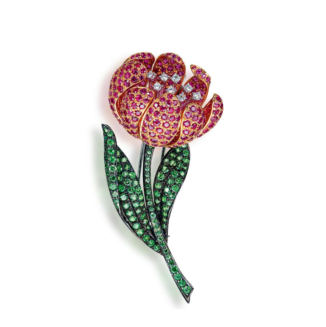 A COLORED STONE AND DIAMOND FLOWER BROOCH (1 of 1)