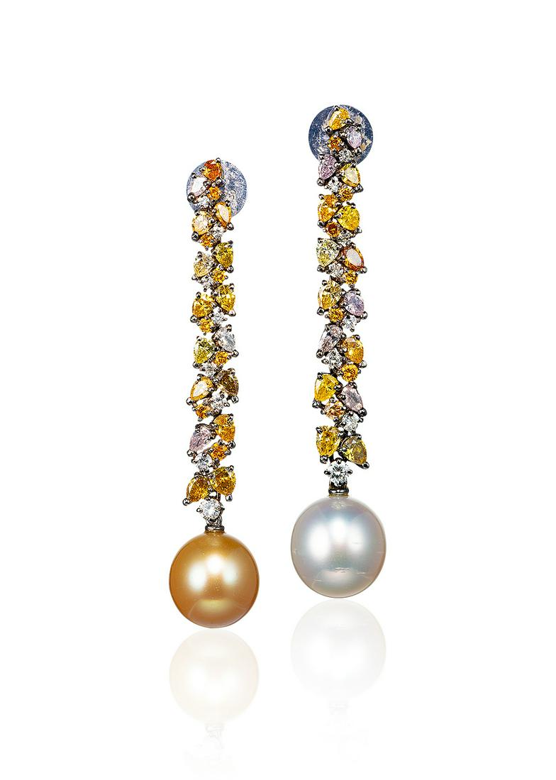 A PAIR OF CULTURED PEARL AND COLORED DIAMOND EAR PENDANTS (1 of 1)