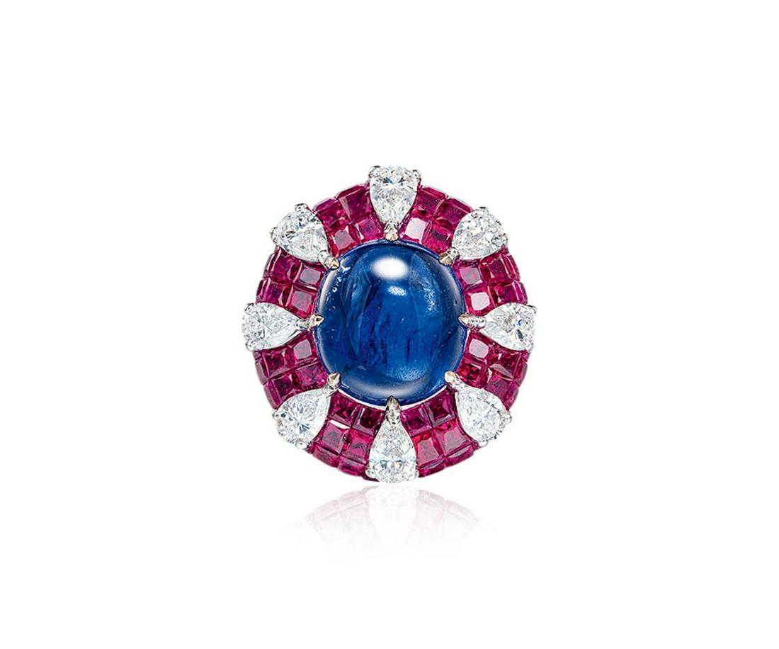 A 7.75 CARAT BURMESE SAPPHIRE, RUBY AND DIAMOND RING (1 of 1)
