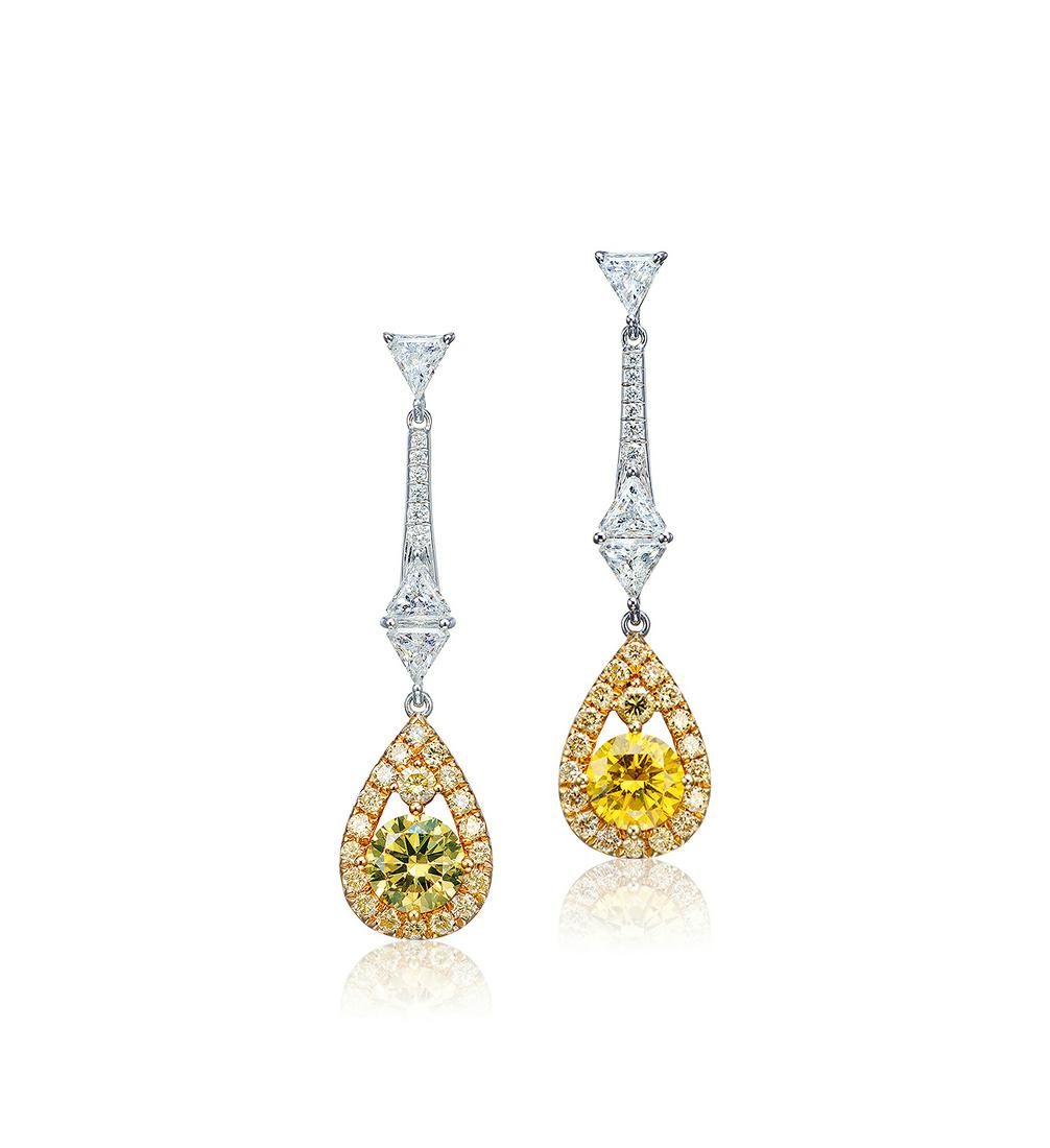 A PAIR OF 1.02 AND 1.01 CARAT FANCY DEEP GREENISH YELLOW AND FANCY DEEP ORANGY YELLOW DIAMOND AND (1 of 1)