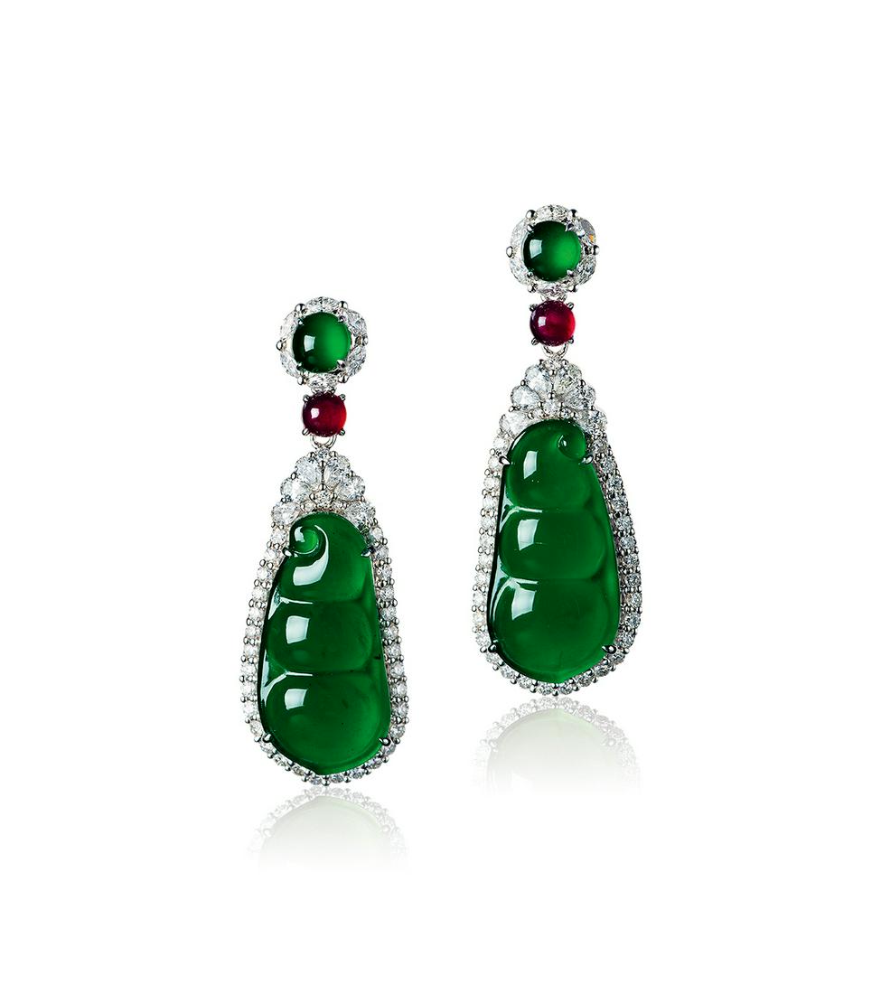 A PAIR OF JADEITE â€˜PEAPODâ€™, RUBY AND DIAMOND EARRINGS (1 of 1)