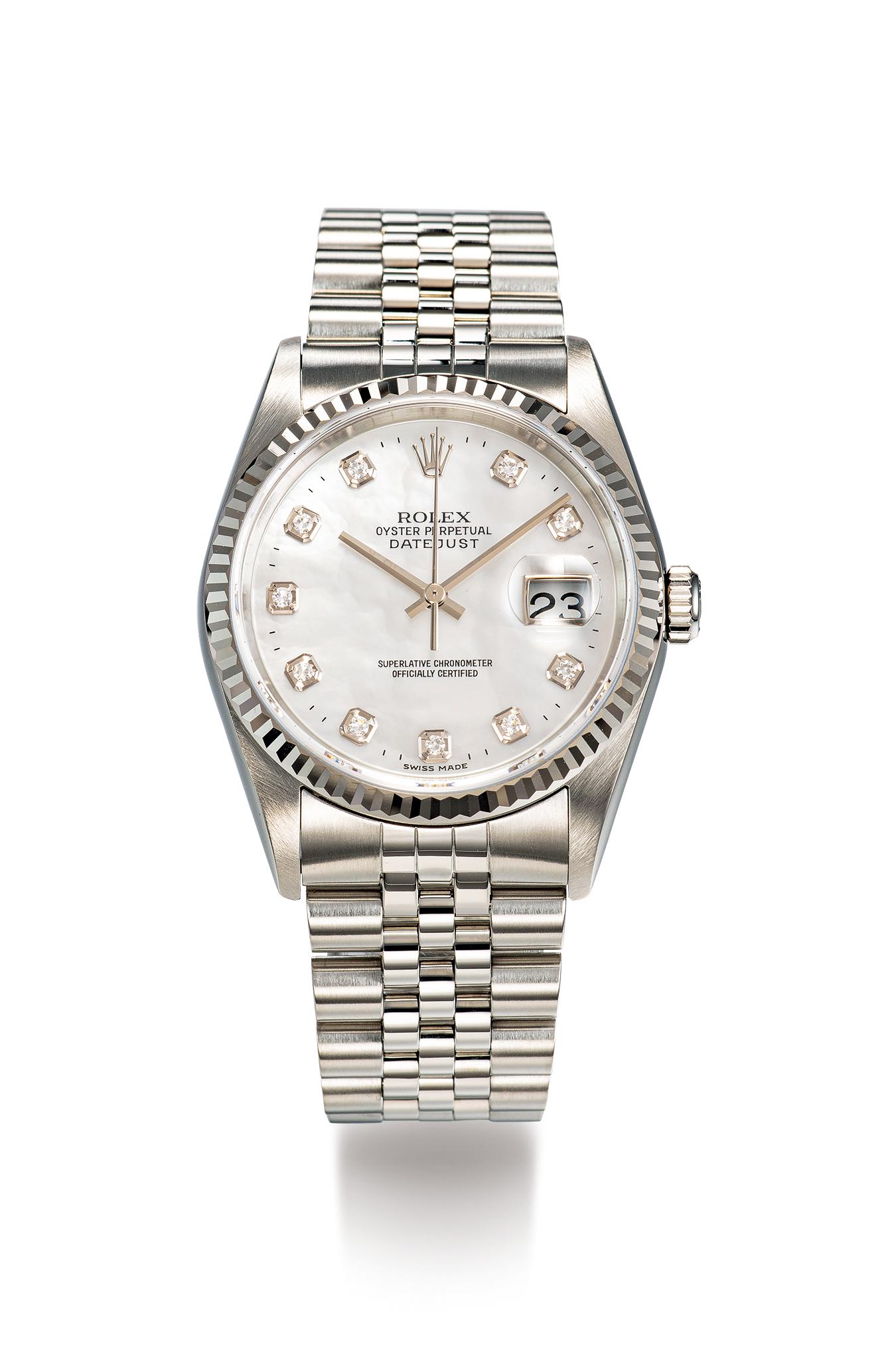 A WHITE GOLD, STAINLESS STEEL AND DIAMOND-SET AUTOMATIC BRACELET WATCH (1 of 1)