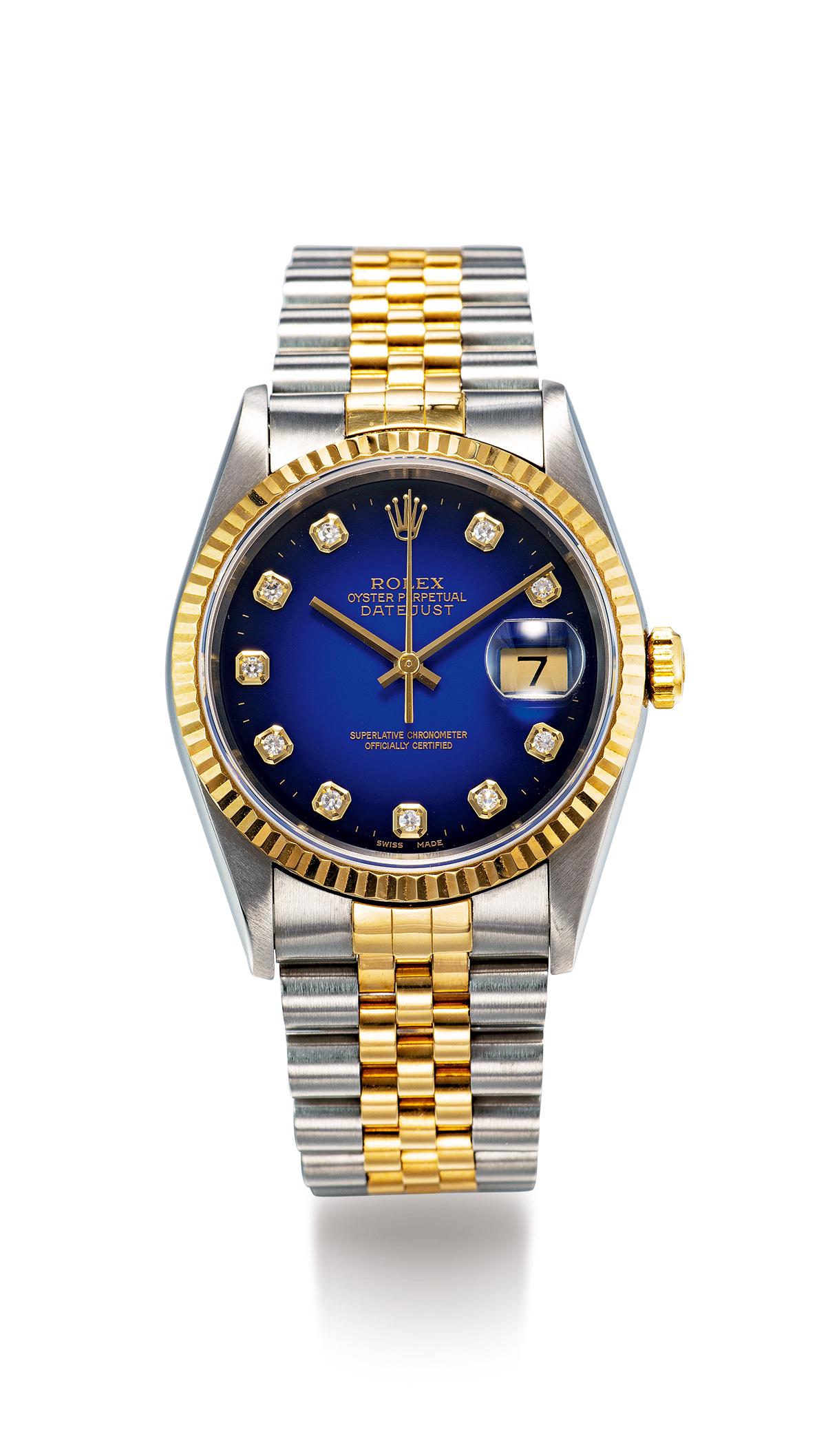 A YELLOW GOLD, STAINLESS STEEL AND DIAMOND-SET AUTOMATIC BRACELET WATCH (1 of 1)