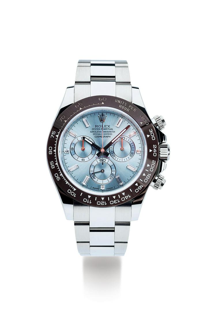 A PLATINUM AND DIAMOND-SET CHRONOGRAPH AUTOMATIC BRACELET WATCH (1 of 1)