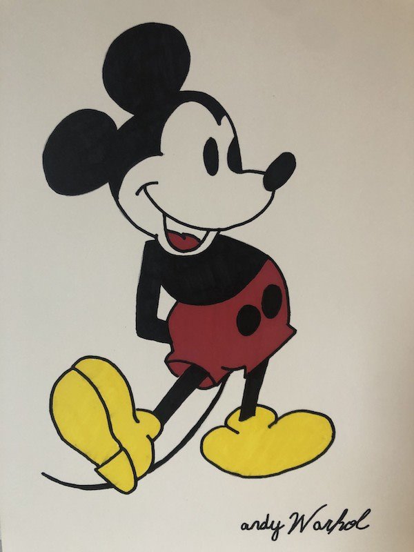 Andy Warhol US Pop Art Mickey Mouse Drawing: Andy Warhol US Pop Art Mickey Mouse Drawing on paper SIGNED AND STAMPED on Verso. This painting does not present a certificate of authenticity, it is being sold in the style of the artist. Unframed. P