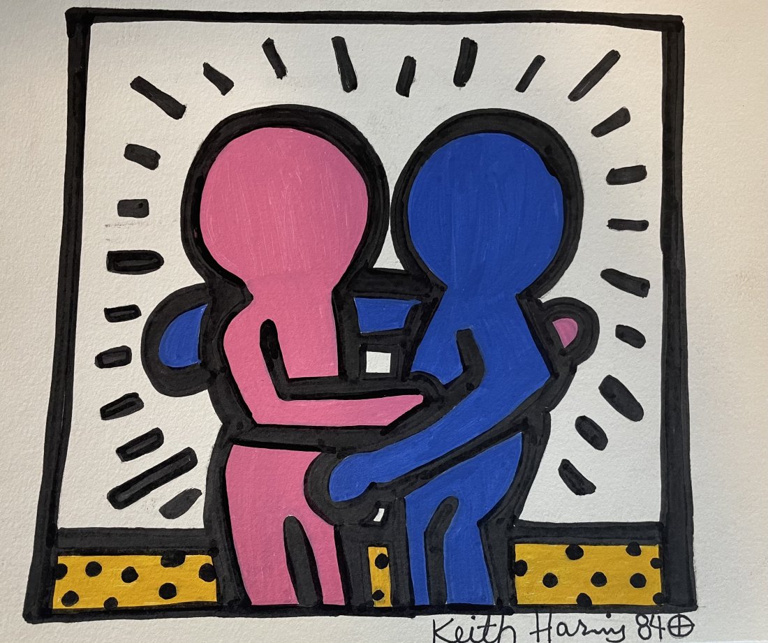Keith Haring Painting on Paper: Keith Haring Painting, Sign and Stamp on Verso Pop art on paper in the manner of the artist. Approximately Size: 33 x 25 cm (12.9 x 9.9 inches) The piece has no formal documentation or COA. Unframed. 
