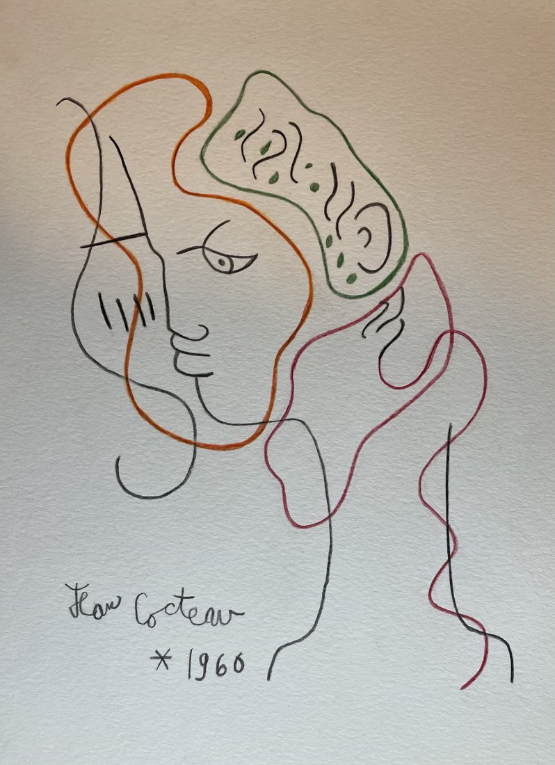 JEAN COCTEAU - Original Colored Pencil on Paper: Jean Cocteau drawing on paper in the manner of Jean Cocteau. Sold unframed. It has no certificate of authenticity. SIZE: 9 x 12 inches (22x30 cm). Art drawing is on standard size, heavy stock paper, O