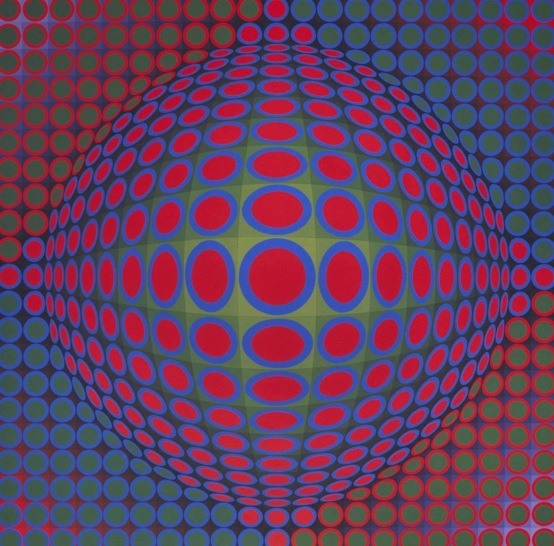 Victor Vasarely OP Art Print: Victor Vasarely OP Art Print, Unframed, size 17x11 inches. Embossed Stamp. Victor Vasarely was known for his Optical Art and vibrant colors. Province: NY Collector.