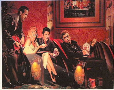 Marilyn M.- Elvis P.- James D.-Humphrey B. Print: Marilyn Monroe- Elvis Presley- James Dean- Humphrey Bogart (Cinema Movies Popcorn) Print on thick paper in the Manner of Chris Consani. Verso Stamp On Back, Unframed. This print does not present a