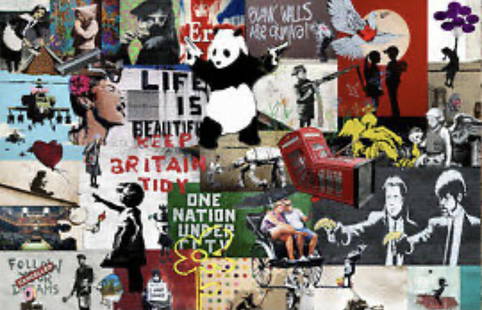 Graffiti Street Art Collage (In Style Of): (In Style Of) Graffiti Street Art Collage Canvas Print. Size. 36 x 24. Loose Canvas Roll, not framed, not stretched. Approximately one and a half inch border on all sides. Private Collection. .