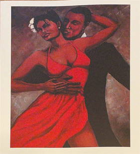 Fantasy in Red - Monica Stewart- Print on Paper: Fantasy in Red -Monica Stewart African-American Dancing Romance Art Print on Paper, Embossed, Unframed. This print does not present a certificate of authenticity/Edition. Provenance: Private