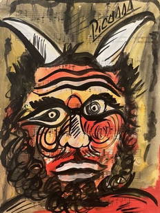 Mixed Media Pablo Picasso Drawing (In The Style Of): Pablo Picasso Drawing on paper mixed media in the style of. Size Approx. 12x 9 inches, Unframed. It does not come with any paperwork to verify its Authenticity. Provenance: Private Collector. Pablo