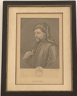 Portrait of Geoffrey Chaucer engraved by E.Robison: Framed Portrait of Geoffrey Chaucer engraved by E.Robison Print. Size 9x7 inches.